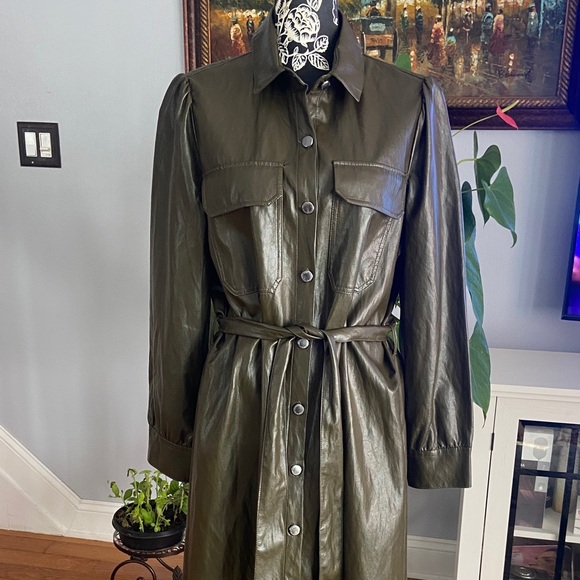 Zara Olive Green Belted Dress - Picture 2 of 14